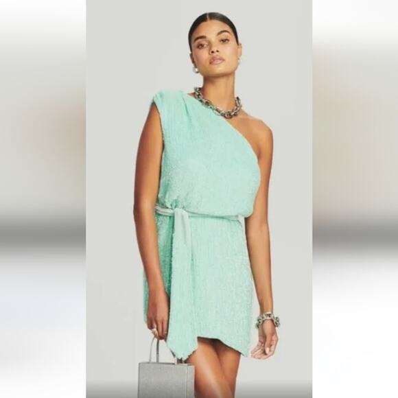 Retrofete Ella Sequin Dress in Blue/Green Size XXS One Shoulder NWT - Picture 1 of 11